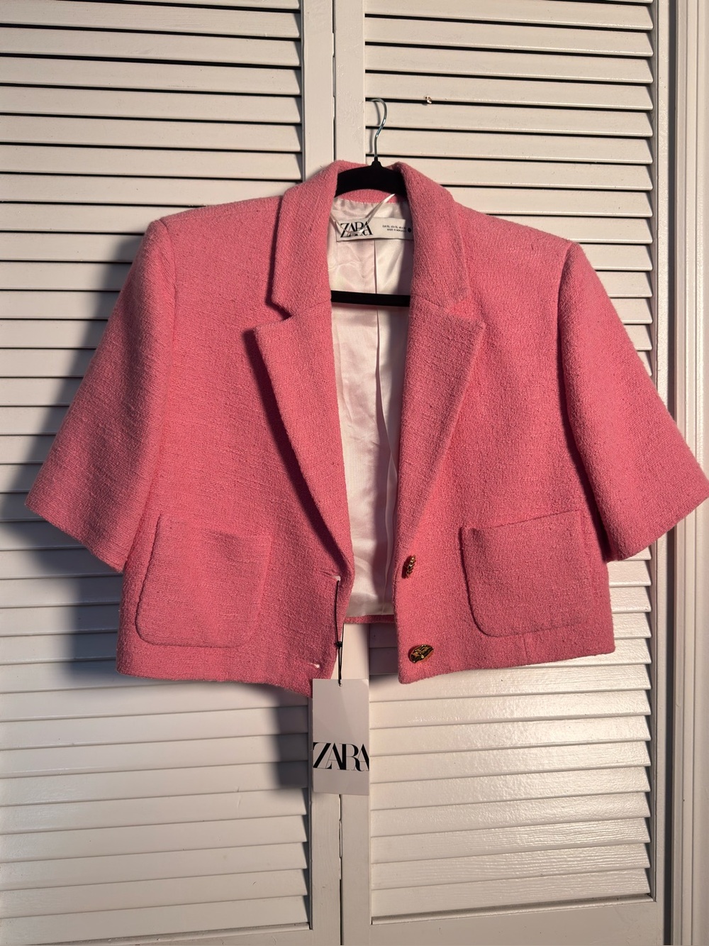 Authentic ZARA Pink Cropped Tweed Short Sleeve Blazer - XL - Rare